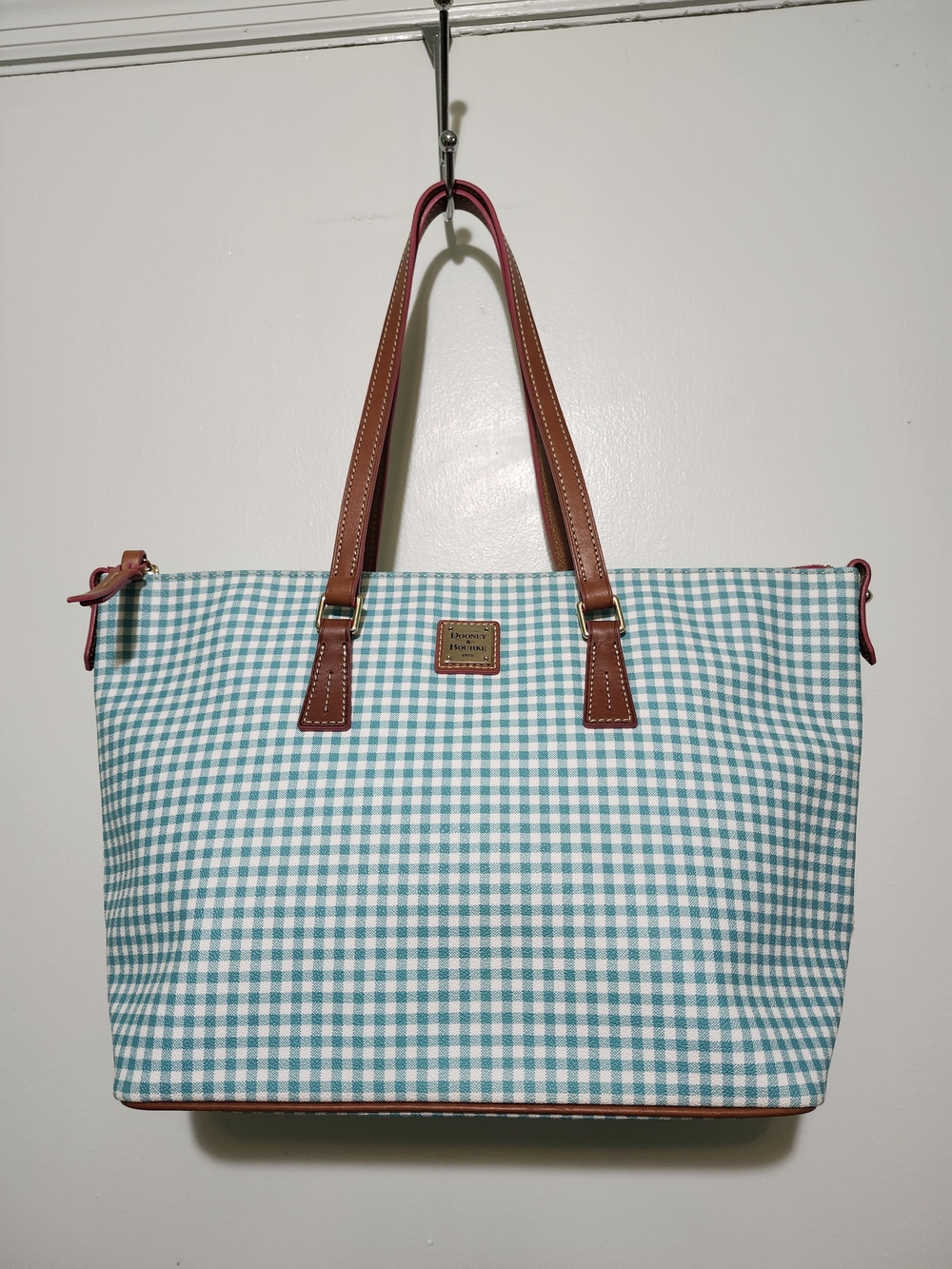 Dooney & Bourke Teal Gingham Tote with Brown Leather Trim